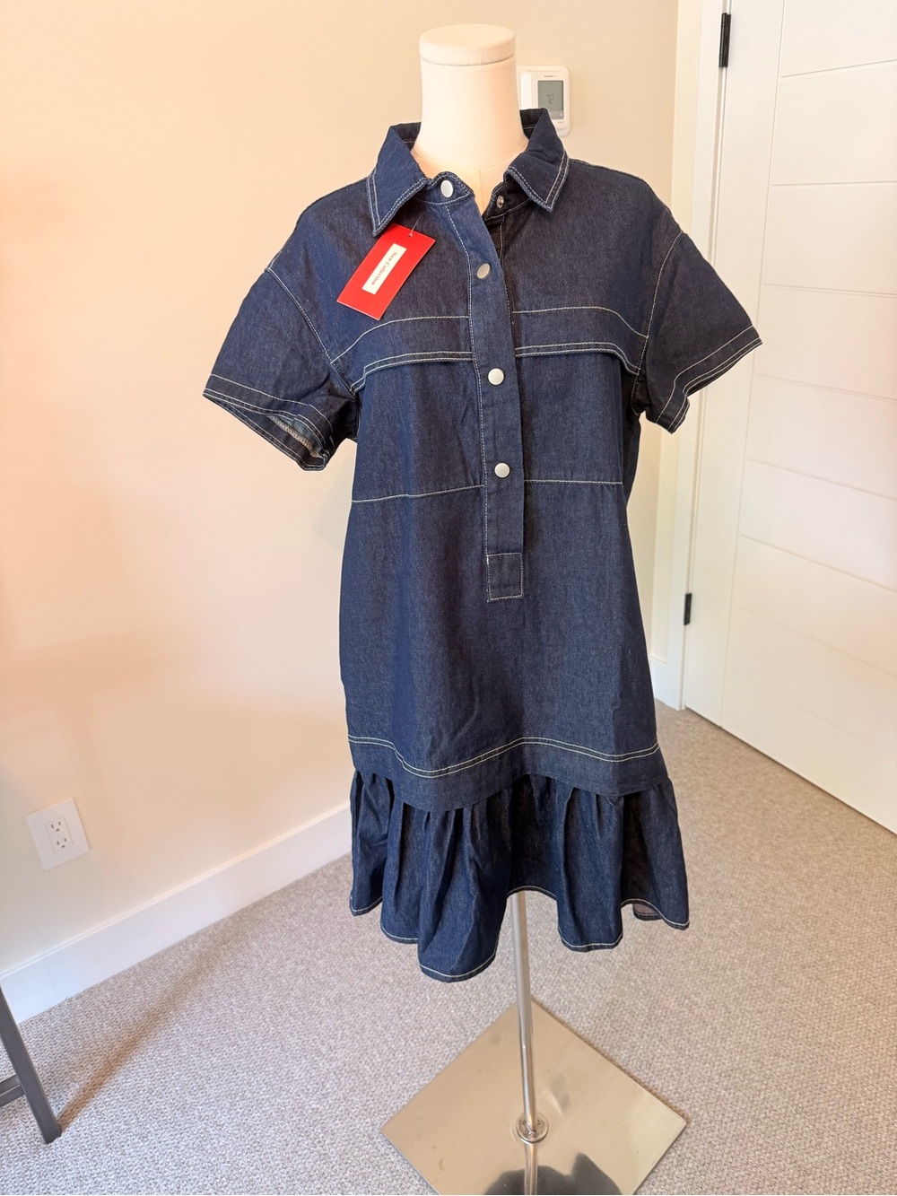Dark Blue Denim Mini Dress with Ruffle Hem - Picture 2 of 12